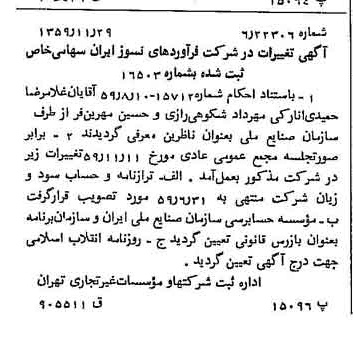 خبر روزنامه رسمی شماره 10496 چاپ شده در تاريخ 1359/12 درباره شرکت فراورده های نسوز ایران
