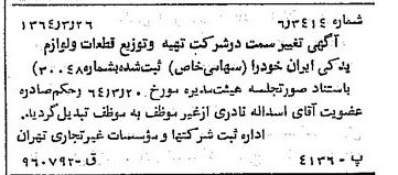خبر روزنامه رسمی شماره 11766 چاپ شده در تاريخ 1364/04 درباره شرکت تهیه و توزیع قطعات و لوازم یدکی ایران خودرو