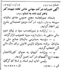خبر روزنامه رسمی شماره 12058 چاپ شده در تاريخ 1365/05 درباره شرکت تخته شهید دکتر باهنر