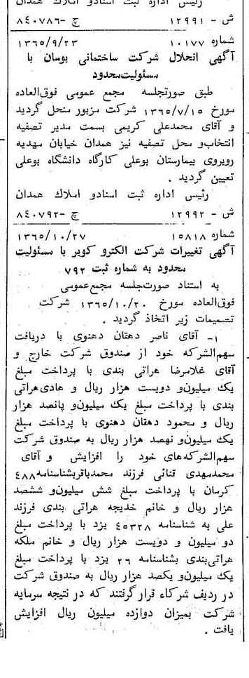 خبر روزنامه رسمی شماره 12280 چاپ شده در تاريخ 1366/02 درباره شرکت الکترو کویر