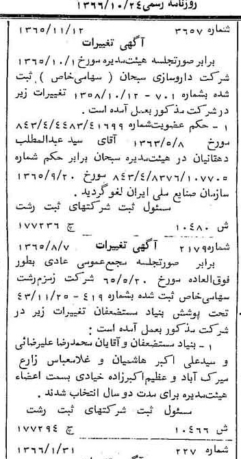 خبر روزنامه رسمی شماره 12495 چاپ شده در تاريخ 1366/10 دقت 83 درباره شرکت داروسازی ابوریحان