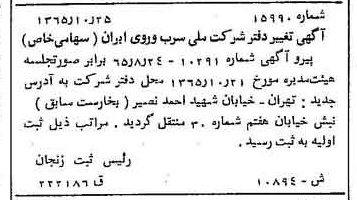 خبر روزنامه رسمی شماره 12495 چاپ شده در تاريخ 1366/10 دقت 100 درباره شرکت ملی سرب و روی ایران