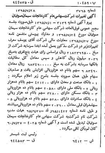 خبر روزنامه رسمی شماره 12687 چاپ شده در تاريخ 1367/06 دقت 100 درباره شرکت کارخانجات سیمان صوفیان