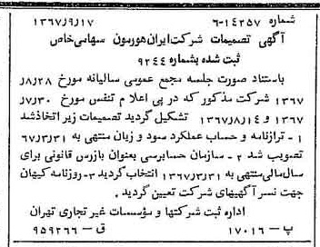 خبر روزنامه رسمی شماره 12760 چاپ شده در تاريخ 1367/09 درباره شرکت ایران هورمون