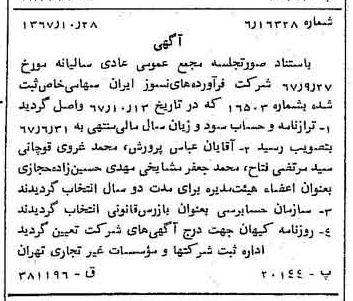 خبر روزنامه رسمی شماره 12794 چاپ شده در تاريخ 1367/11 درباره شرکت فراورده های نسوز ایران