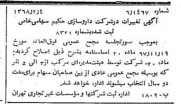 خبر روزنامه رسمی شماره 12866 چاپ شده در تاريخ 1368/02 درباره شرکت دارو سازی حکیم