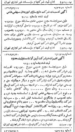 خبر روزنامه رسمی شماره 13187 چاپ شده در تاريخ 1369/03 درباره شرکت داروسازی ابوریحان