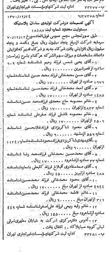 خبر روزنامه رسمی شماره 13704 چاپ شده در تاريخ 1371/01 درباره شرکت تولیدی سامان پلاستیک