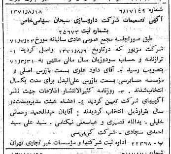 خبر روزنامه رسمی شماره 13901 چاپ شده در تاريخ 1371/09 دقت 83 درباره شرکت داروسازی ابوریحان