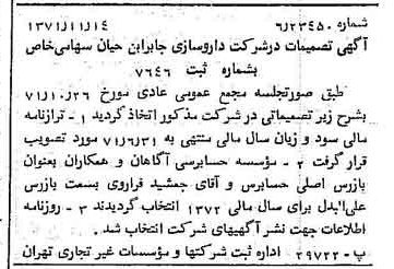 خبر روزنامه رسمی شماره 13965 چاپ شده در تاريخ 1371/11 درباره شرکت داروسازی جابرابن حیان