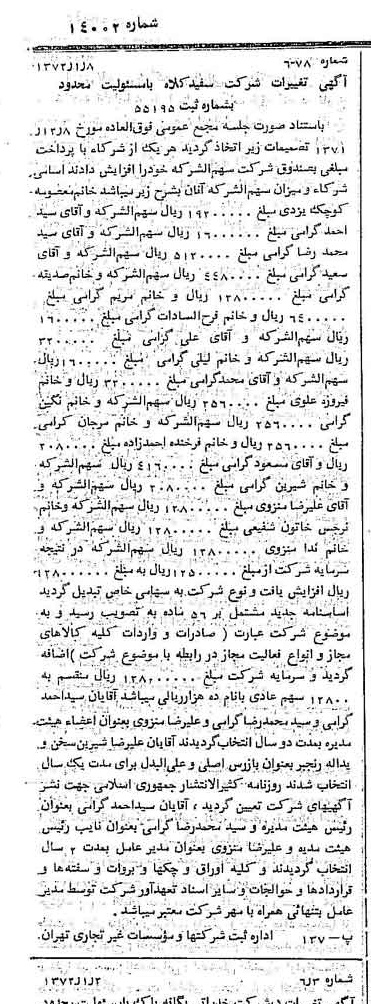 خبر روزنامه رسمی شماره 14002 چاپ شده در تاريخ 1372/01 درباره شرکت سفیدکلاه