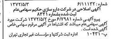 خبر روزنامه رسمی شماره 14094 چاپ شده در تاريخ 1372/05 درباره شرکت دارو سازی حکیم