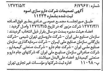 خبر روزنامه رسمی شماره 14099 چاپ شده در تاريخ 1372/05 درباره شرکت دارو سازی اسوه