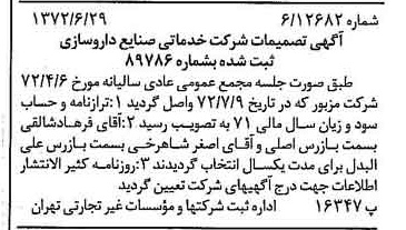 خبر روزنامه رسمی شماره 14140 چاپ شده در تاريخ 1372/07 درباره شرکت خدماتی مجتمع صنایع داروسازی