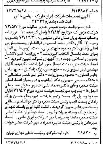 خبر روزنامه رسمی شماره 14184 چاپ شده در تاريخ 1372/08 دقت 95 درباره شرکت ایران دارو