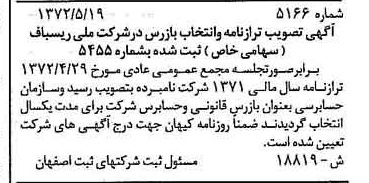خبر روزنامه رسمی شماره 14184 چاپ شده در تاريخ 1372/08 درباره شرکت ملی ریسباف