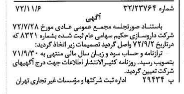 خبر روزنامه رسمی شماره 14248 چاپ شده در تاريخ 1372/11 درباره شرکت دارو سازی حکیم