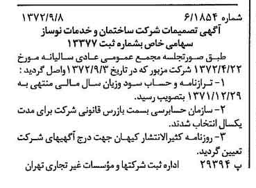خبر روزنامه رسمی شماره 14248 چاپ شده در تاريخ 1372/11 درباره شرکت ساختمان و خدمات نوساز