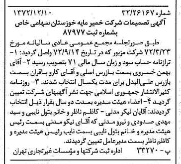 خبر روزنامه رسمی شماره 14277 چاپ شده در تاريخ 1372/12 درباره شرکت خمیر مایه خوزستان