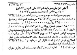 خبر روزنامه رسمی شماره 14396 چاپ شده در تاريخ 1373/05 درباره شرکت ملی شیمی کشاورز