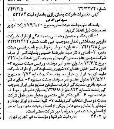 خبر روزنامه رسمی شماره 14624 چاپ شده در تاريخ 1374/03 درباره شرکت پخش رازی