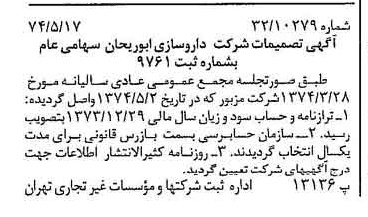 خبر روزنامه رسمی شماره 14692 چاپ شده در تاريخ 1374/05 درباره شرکت داروسازی ابوریحان