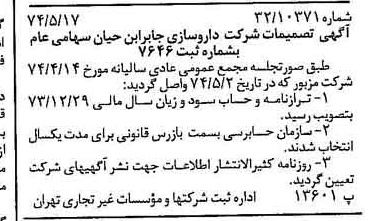 خبر روزنامه رسمی شماره 14695 چاپ شده در تاريخ 1374/05 درباره شرکت داروسازی جابرابن حیان