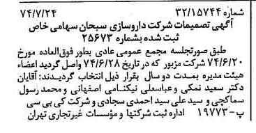 خبر روزنامه رسمی شماره 14751 چاپ شده در تاريخ 1374/08 دقت 83 درباره شرکت داروسازی ابوریحان