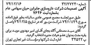 خبر روزنامه رسمی شماره 14875 چاپ شده در تاريخ 1375/01 درباره شرکت داروسازی جابرابن حیان