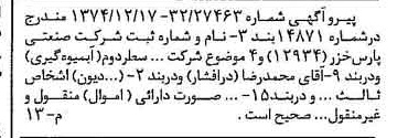 خبر روزنامه رسمی شماره 14885 چاپ شده در تاريخ 1375/01 درباره شرکت صنعتی پارس خزر