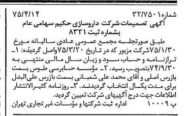 خبر روزنامه رسمی شماره 14964 چاپ شده در تاريخ 1375/04 درباره شرکت دارو سازی حکیم