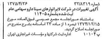 خبر روزنامه رسمی شماره 14966 چاپ شده در تاريخ 1375/05 درباره شرکت لابراتوارهای سینا دارو