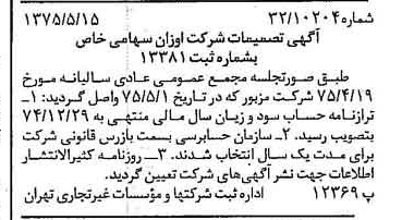 خبر روزنامه رسمی شماره 14981 چاپ شده در تاريخ 1375/05 درباره شرکت اوزان