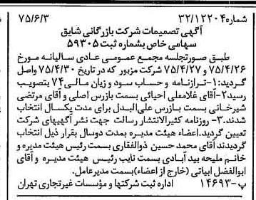 خبر روزنامه رسمی شماره 14999 چاپ شده در تاريخ 1375/06 درباره شرکت بازرگانی شایق