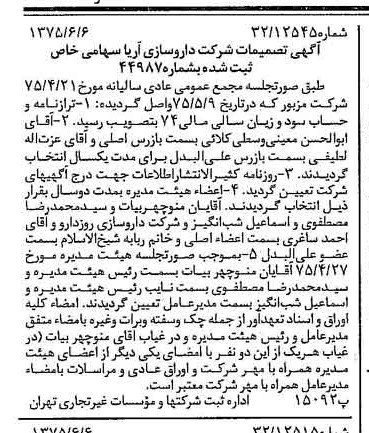 خبر روزنامه رسمی شماره 15003 چاپ شده در تاريخ 1375/06 درباره شرکت داروسازی آریا