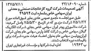 خبر روزنامه رسمی شماره 15035 چاپ شده در تاريخ 1375/07 درباره شرکت گروه کارخانجات صنعتی و معدنی ایران