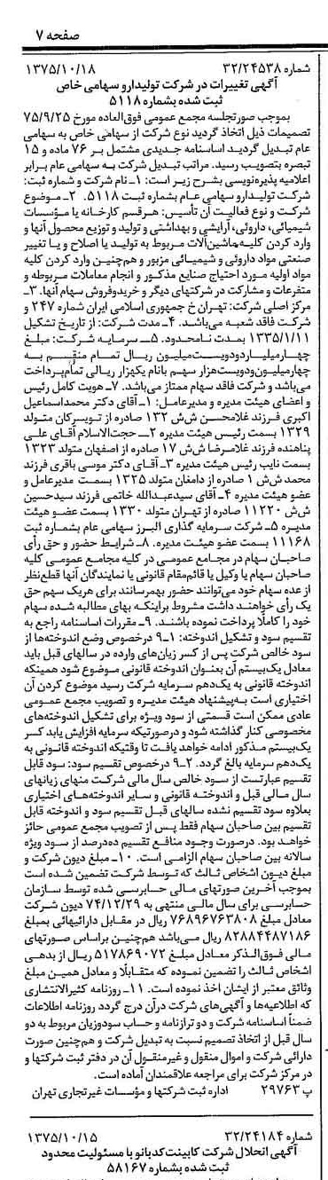 خبر روزنامه رسمی شماره 15114 چاپ شده در تاريخ 1375/10 دقت 84 درباره شرکت تولید دارو