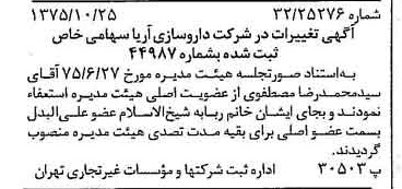 خبر روزنامه رسمی شماره 15119 چاپ شده در تاريخ 1375/11 درباره شرکت داروسازی آریا