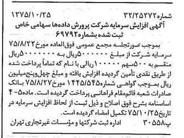 خبر روزنامه رسمی شماره 15119 چاپ شده در تاريخ 1375/11 درباره شرکت پرورش داده ها