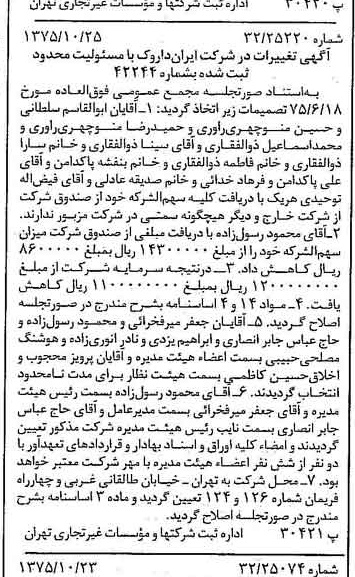 خبر روزنامه رسمی شماره 15119 چاپ شده در تاريخ 1375/11 دقت 95 درباره شرکت ایران دارو