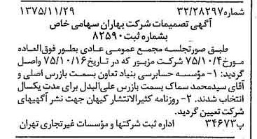 خبر روزنامه رسمی شماره 15151 چاپ شده در تاريخ 1375/12 درباره شرکت بهاران