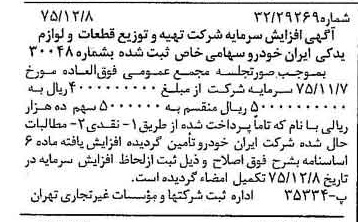 خبر روزنامه رسمی شماره 15160 چاپ شده در تاريخ 1375/12 درباره شرکت تهیه و توزیع قطعات و لوازم یدکی ایران خودرو