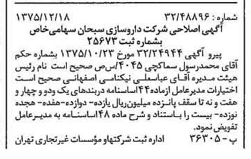 خبر روزنامه رسمی شماره 15161 چاپ شده در تاريخ 1375/12 دقت 83 درباره شرکت داروسازی ابوریحان