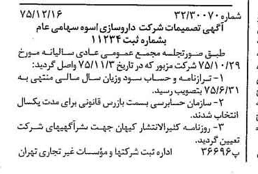 خبر روزنامه رسمی شماره 15165 چاپ شده در تاريخ 1376/01 درباره شرکت دارو سازی اسوه