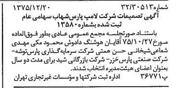 خبر روزنامه رسمی شماره 15166 چاپ شده در تاريخ 1376/01 درباره شرکت لامپ پارس شهاب
