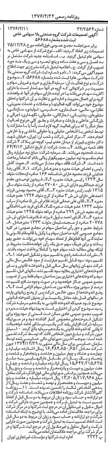خبر روزنامه رسمی شماره 15202 چاپ شده در تاريخ 1376/02 درباره شرکت گروه صنعتی بلا