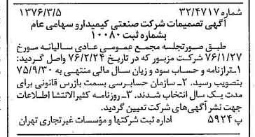 خبر روزنامه رسمی شماره 15220 چاپ شده در تاريخ 1376/03 درباره شرکت صنعتی کیمیدارو