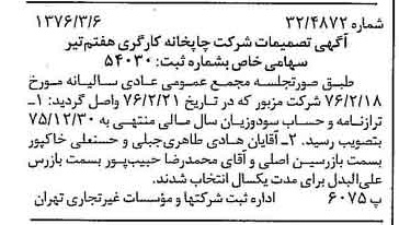 خبر روزنامه رسمی شماره 15222 چاپ شده در تاريخ 1376/03 درباره شرکت چاپخانه کارگری هفتم تیر