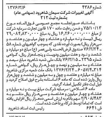 خبر روزنامه رسمی شماره 15224 چاپ شده در تاريخ 1376/03 درباره شرکت سیمان شاهرود