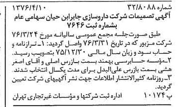 خبر روزنامه رسمی شماره 15247 چاپ شده در تاريخ 1376/04 درباره شرکت داروسازی جابرابن حیان